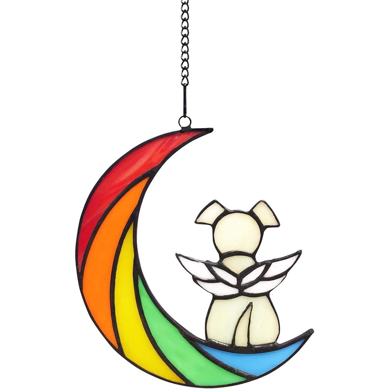 Bessy shop Hundegedenk-Geschenk Buntglas Fensterbehang mit Welpe & Mond Motiv Regenbogen Sonnenfänger als Haustier-Memorial Dekoratives Hunde-Ornament für Hundeliebhaber Fensterdekoration