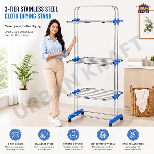 Image of URBAN KRAFT 3 Tier Stainless Steel Foldable Cloth Drying Stand | Premium Clothes Rack for Drying | Heavy Duty Clothes Dryer Stand | Laundry Racks for Drying - Indoor /Balcony