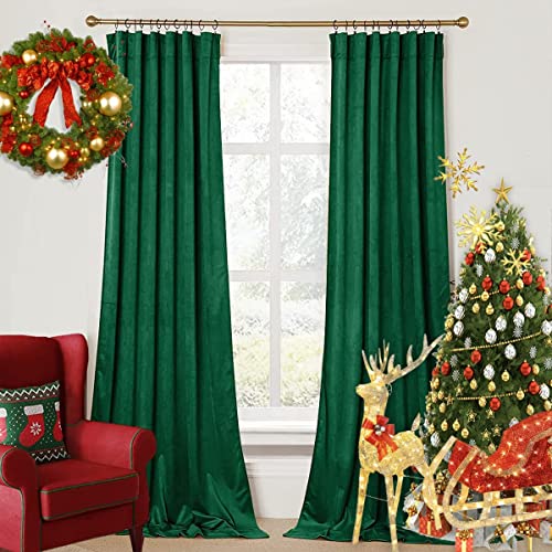 Image of Christmas Green Velvet Curtains - Room Darkening Rod Pocket Super Soft Smooth Decorative Light Blocking Curtains for Living Room and Bedroom, 52 x 108 Inch, Emerald Green, Set of 2