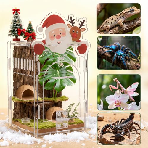Image of Santa Claus Jumping Spider Enclosure, Magnetic Acrylic Habitat Terrarium with Secure Doors, 4x4x6.3 Inch Small Desktop Decor Gift for Spider, Mantis, Beetles