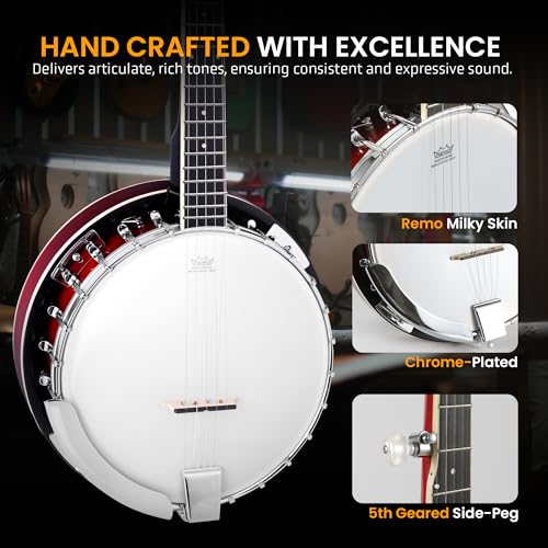 image for Pyle 5 String Resonator Banjo - Full Size 24 Bracket, Geared 5th Tuner