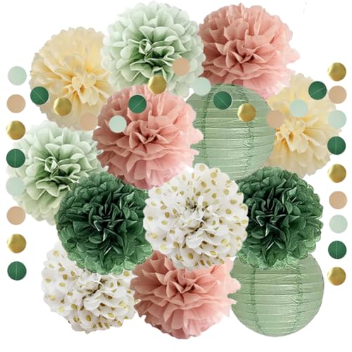 Pompons Deko Salbeigrün Rosa Party Deko Seidenpapier Pompons Grün Rosa Papierlaterne Papier Girlande für Geburtstagsdeko Brautparty Babyparty Hochzeit Jga Party Dekorationen