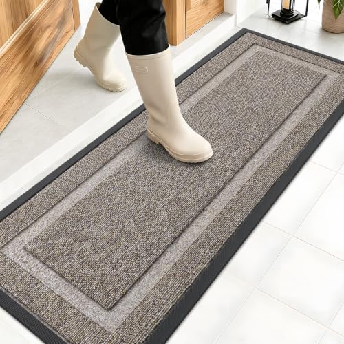Image of OLANLY Front Door Mat Indoor Outdoor Entrance, Waterproof All-Season, All-Weather Doormat, Sturdy Natural Rubber, Low Profile, Easy Clean Patio Porch Entryway Mat, 47x17, Khaki and White