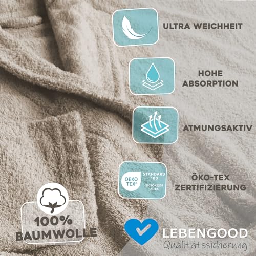 LEBENGOOD Bademantel für Damen, Herren, Unisex, Frottee 100% Baumwolle, Weicher Morgenmantel Dusche, Größen Flauschig, Leicht (Sand, L)