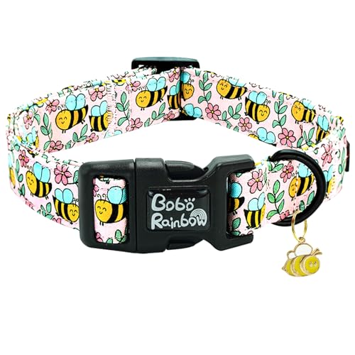 Image of Dog Collar, Cute Bee Adjustable Pet Collars Spring Soft Comfortable Cotton Puppy Collar Pink Flower Necklace Gift Collars for Large Dogs