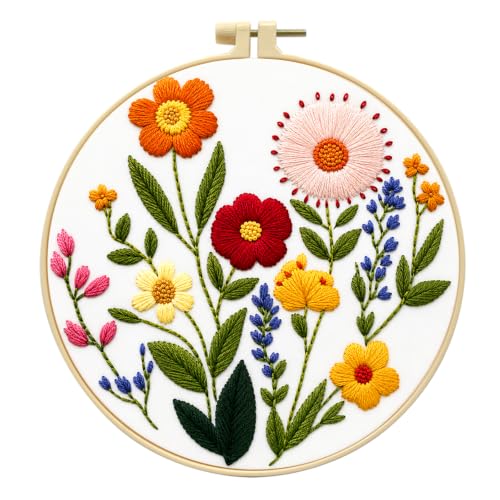Image of Zhenqing Wildflower Embroidery Kit for Beginners, Floral Needlework Kit with Pre-Printed Cotton Fabric, Hoop, Threads & Tools, Flower Wall Decor (C0125)