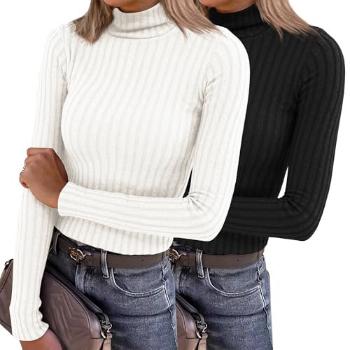 2 Pack Womens Long Sleeve Turtleneck Shirts Basic Fall Thermal Lightweight Pullover Tops Trendy Comfy Undershirts
