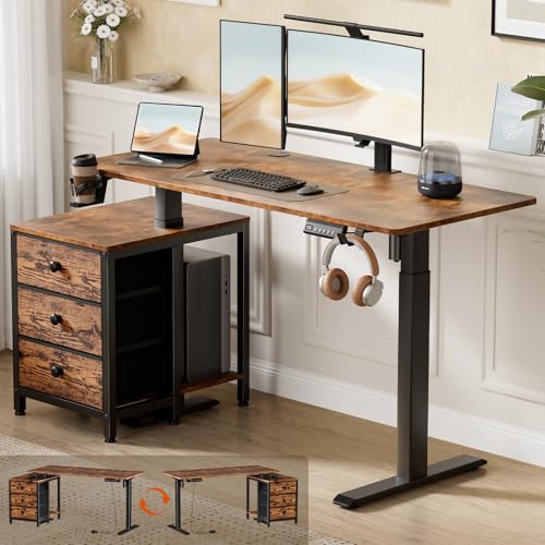Image of REAHOME Electric Standing Desk with Drawers, 47 x 24 Inches Height Adjustable Sit Stand Desk with Storage, 3 Memory Preset Home Office Computer Desk, Printer Cabinet, Cable Management, Rustic Brown