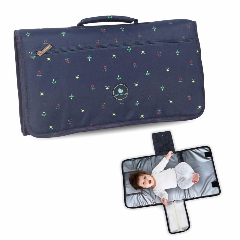 Motherly Portable Diaper Changing Mat for Newborn Baby, Leakage Proof Diaper Changing Pad for Traveling with Advanced Features, One-Hand Foldable Massage Mat, Baby Shower Gifts 73x43 cm (Blue Flower)