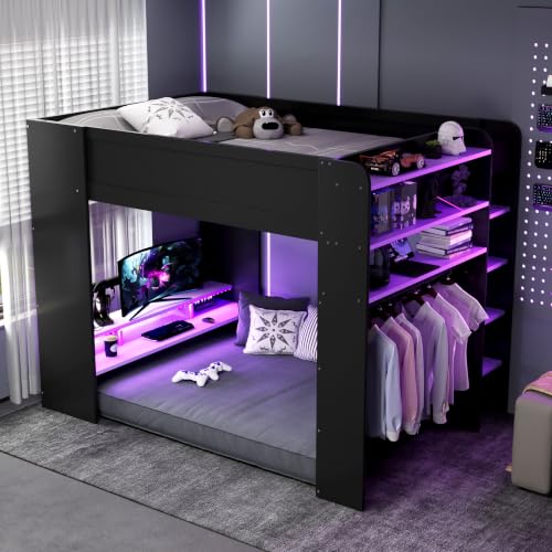 Full Size Gaming Loft Bed with Adjustable Height Desk and Wardrobe，Purple
