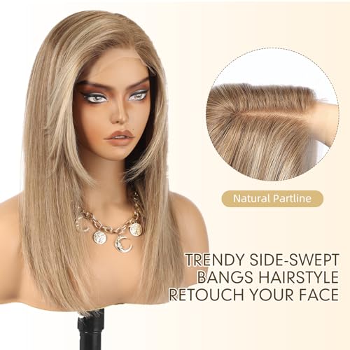 Image of KKU 100% Human Hair Wigs for Women,Real Human Hair Wigs,Side Swept Bangs Lace Front Wig(16 Inch,Brown Mixed Blonde)