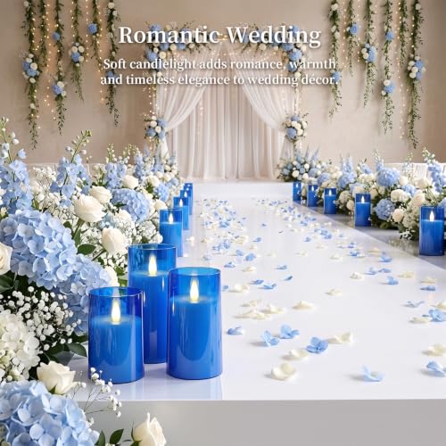 Image of Homemory Realistic Flickering Flameless Blue Candles with Remote & Timer | LED Fake Electric Pillar Candles Battery Operated for Home, Halloween, Christmas Decor, Set of 3
