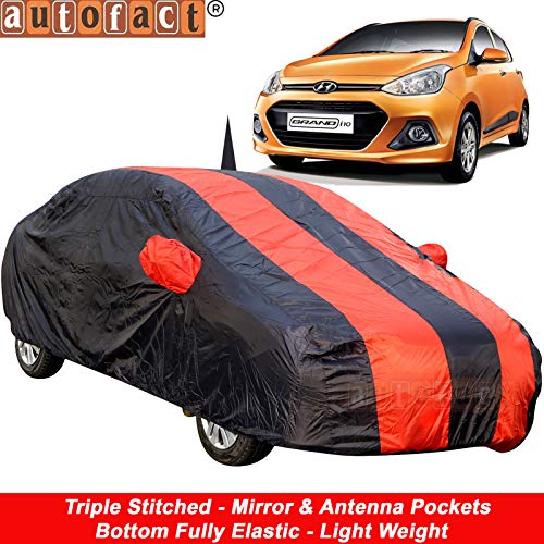 Image of Autofact Car Body Cover for Hyundai Grand I10 with Mirror and Antenna Pocket (Light Weight, Triple Stitched, Heavy Buckle, Bottom Fully Elastic, Red Stripes with Navy Blue Color)