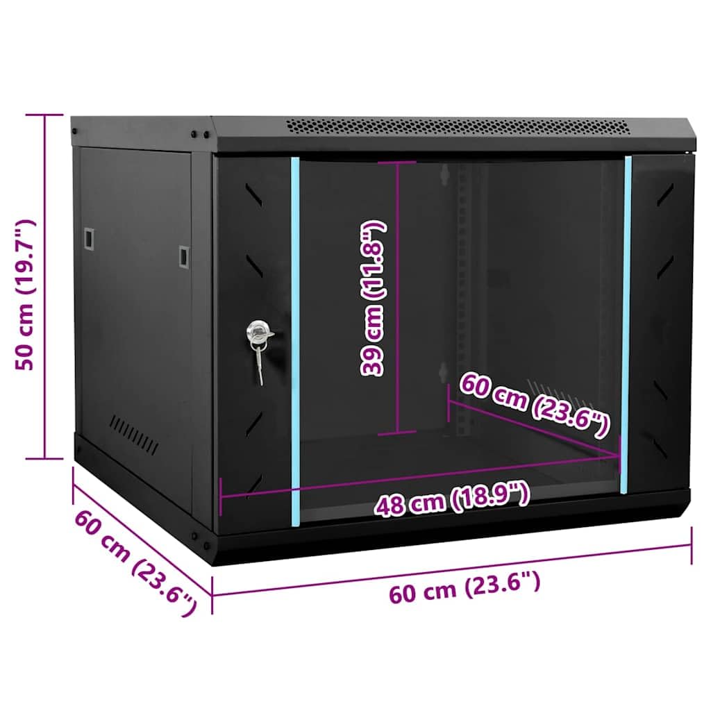 vidaXL Armoire réseau avec Stockage Noir 60 x 60 x 50 cm Acier, Solutions de Rangement Bureau, Armoire Solide, Technologie Murale, Serveur Industriel, Organisateur électronique