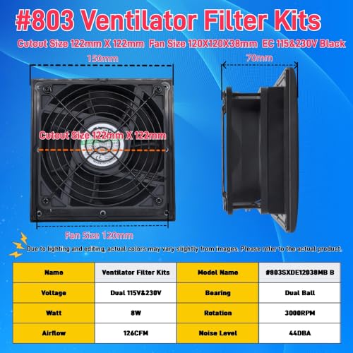 SXDOOL #803 Black 150x150mm Ventilator Filter Kit for Enclosure Cabinets, 120mm x 38mm AC/EC Fan, 115V/230V, Dustproof and Waterproof - Thumbnail 3