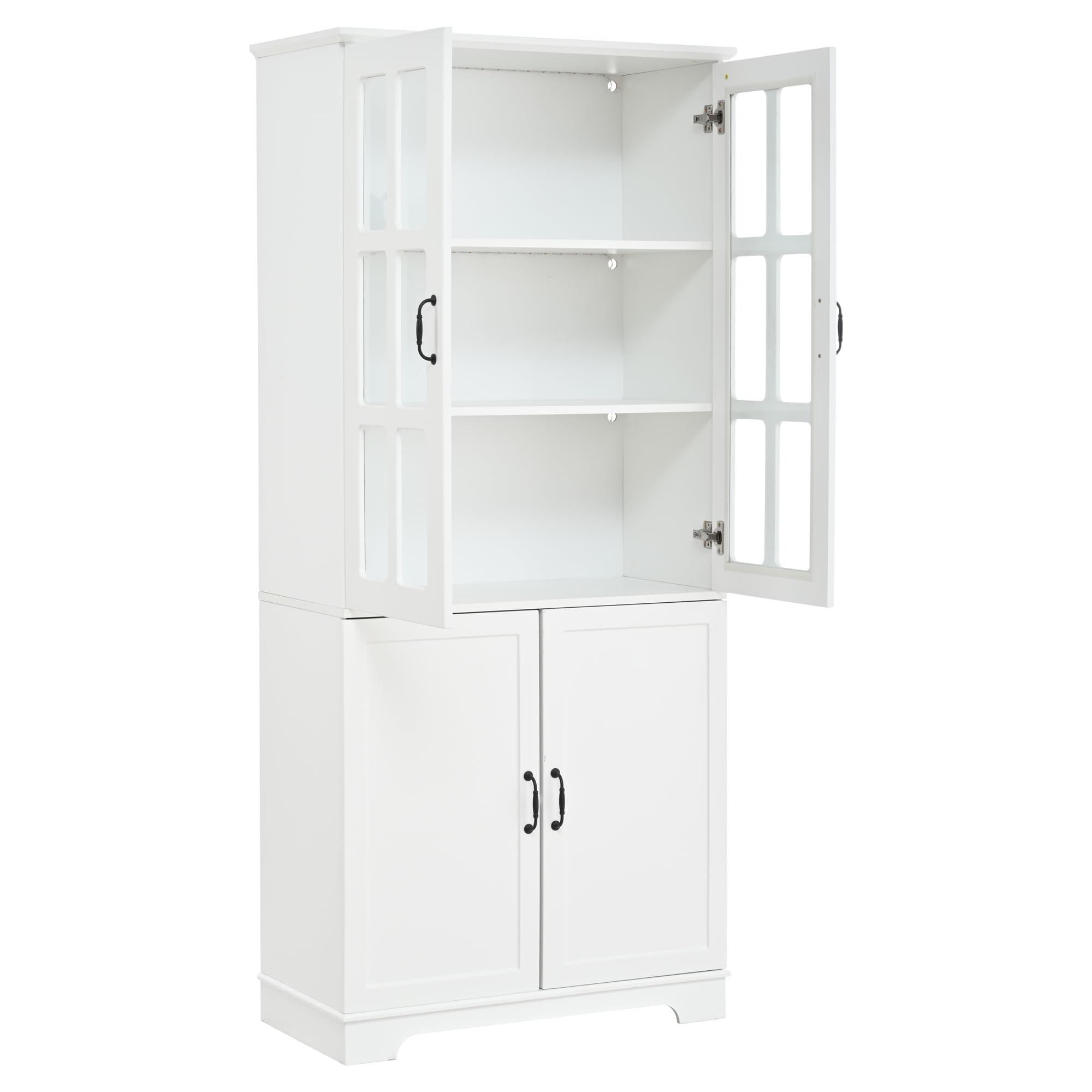 Armario alto con 2 rejas de cristal y 2 puertas completas, 80 x 38 x 180 cm, color blanco, estantería con 5 niveles, tablero de partículas, armario de vitrina estilo rústico para salón y