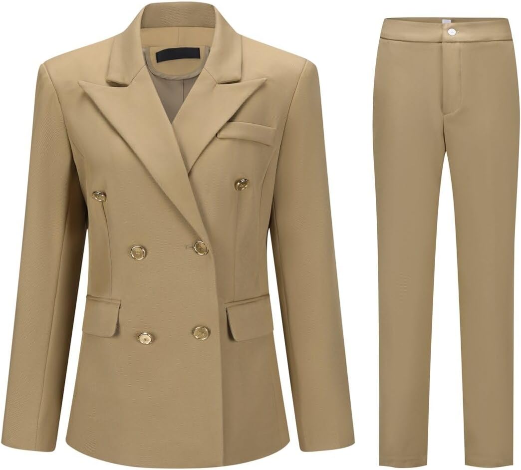 YYNUDA Women's Business Suit Set Double Breasted 2 Piece Office Work Blazer Pantsuit
