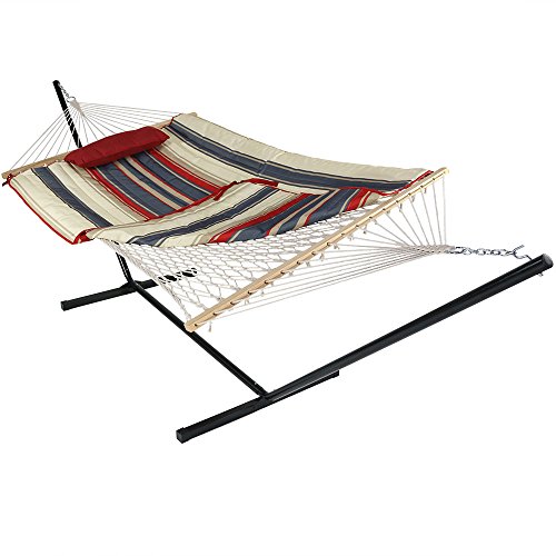 Sunnydaze Cotton Rope Freestanding Hammock with 12 Foot Portable Steel Stand and Spreader