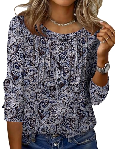Zeagoo Ladies 3/4 Length Sleeve Tops Boho Tops Three Quarter Sleeve For Womens Top Loose Crew Neck Loose Fit T-Shirt Fashion Casual Tunic Shirt
