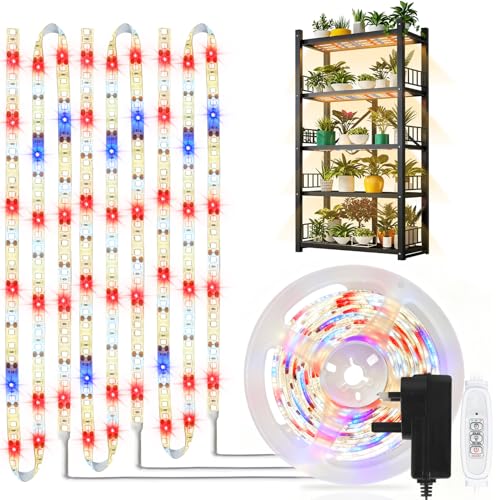 LED Grow Light Strips for Indoor Plants, 3 Head Each 10ft 120LED Red Blue White Full Spectrum Plant Grow Light Tape with 3 Timers Dimmable Auto On/Off, 24W Plug in Plant Light for Seedling Shelf
