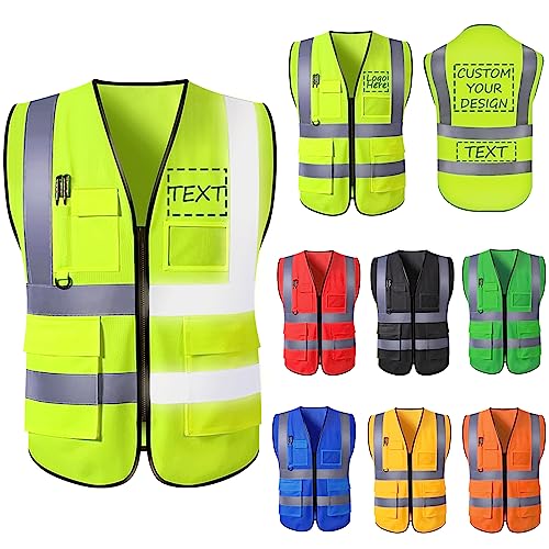 Custom Logo Safety Vest for Men Personalized High Visibility Protective Workwear Vest with Reflective Strip 5 Pockets Construction Uniform