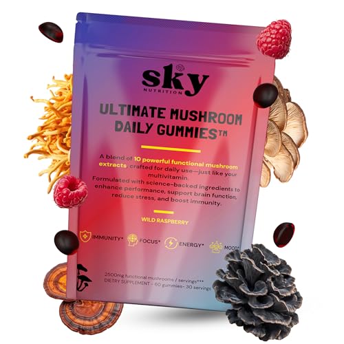SKY NUTRITION Mushroom Gummies for Adults - 10-in-1 Powerful Mushroom Complex w/Lions Mane, Reishi, Cordyceps, Turkey Tail - for Mental Clarity, Focus, Immunity - Raspberry Flavored 60 Vegan Gummies