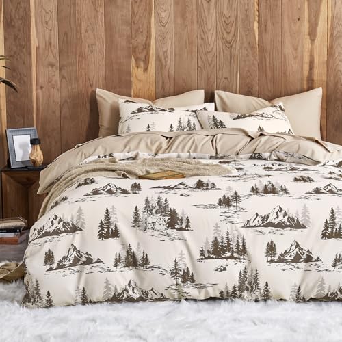 Wake In Cloud - Rustic Comforter Set Cabin Lodge Cottage Country Charm with Mountain and Natural Forest Theme Soft Lightweight Bedding 3 Pieces Beige Brown Queen Size
