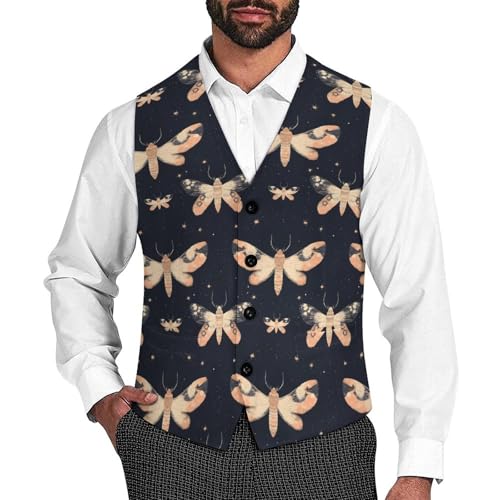 Moth Pattern Trendy Vest Suit for Men V Neck Formal Dress Waistcoat Vests Business Slim Fit