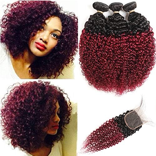 Feelgrace Brazilian Kinky Curly Human Hair Bundles with Closure, 2 Tone 1B Burgundy Afro Curly Hair 3 Bundles with Closure, 4x4 Inch Swiss Lace Free Part Closure with Bundles 14 16 18 with 12