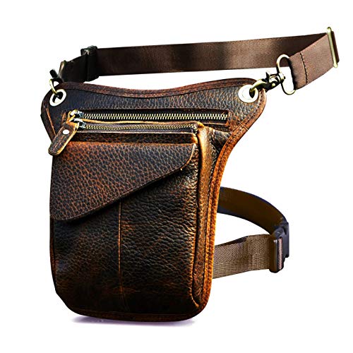 Le'aokuu Mens Genuine Leather Messenger Hiking Waist Hip Bum Pack Drop Leg Bag 211-3 #TOP11