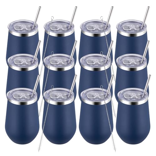 MEWAY 12oz Stainless Steel Wine Tumbler with Lid - Double Wall Vacuum Insulated Swig cups for Hot and Cold Drinks, Ideal for Coffee, Wine, Beer, gifts for Women under 10 dollars(Navy,Set of 12)