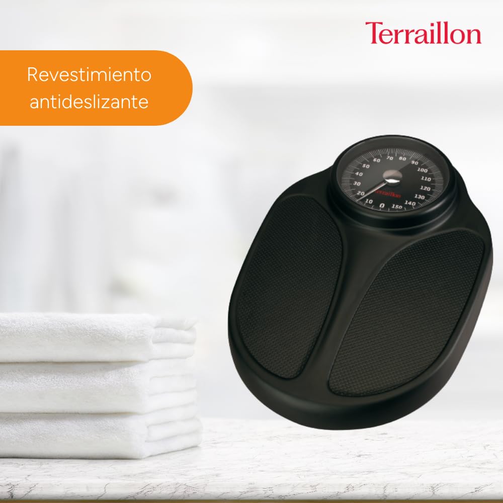 TERRAILLON - Balanza Pesa Personas Mecánica - Semiprofesional, Revestimiento Antideslizante, Gran Dial, 160kg máximo - Modelo 'TPRO Plus' Negro