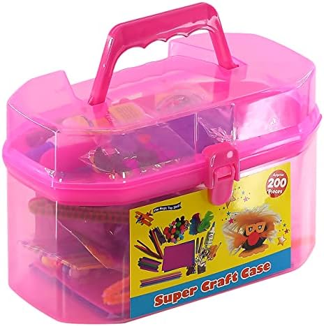 The Magic Toy Shop Kids Giant Mega Super Craft Art Carry Case with over 200 Pieces - Feathers, Pom Poms, Beads, Sticks, Neon Laces, Wool, Sequins, Gems, Googly Eyes, Glitter Glue (Pink)