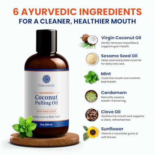 Image of Natruveda Coconut Oil Pulling Mouthwash - 8 oz, Virgin Clove & Mint Blend, Ayurvedic Oral Rinse for Teeth Whitening, Natural Mouthwash for Gums, Gentle Pulling Oil for Daily Use
