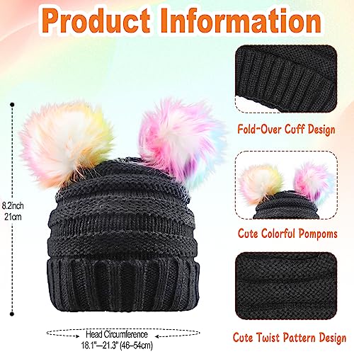 Kids Girls Boys Multi-Color Ear Double Pom Pom Beanie Hat Winter Warm Rib Knitt Ski Hats (Age 7-15)2