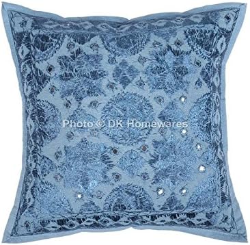 Bohemian Decorative Sofa Throw Pillowcases 16x16 Inch Cotton Mirrored Embroidered Indian Square Couch Cushion Covers (Size - 40x40 cm ; Color: Blue) - Set of 4 Pcs (Cover Only)