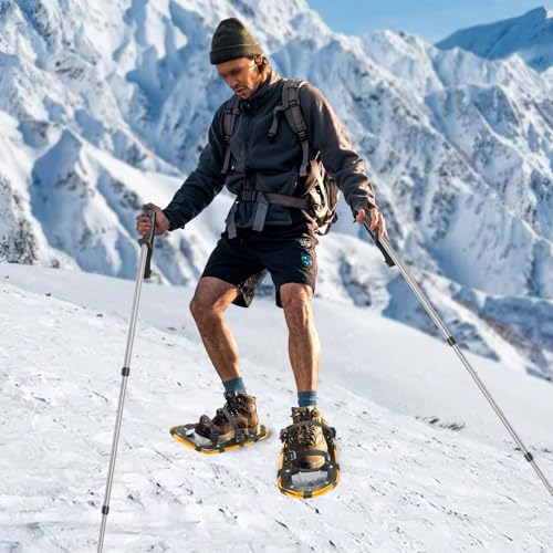 Bacacoo 21 Inch Snowshoes, Snowshoes& Adjuatable Trekking Poles, Aluminum Snowshoes for Adults Men Women with Carrying Bag for Ski Resorts, Outdoor Skiing Programs (Grey+Gold)