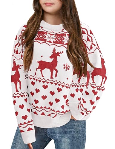 Image of Girls Christmas Pullover Sweaters Reindeer Elk Snow Long Sleeve Crew Neck Chunky Tops