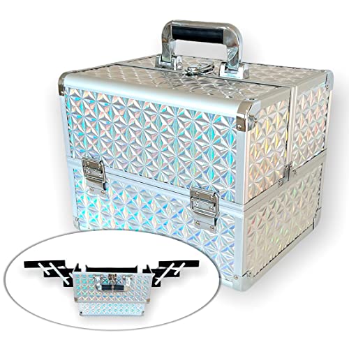 Maleta de Maquiagem Vazia Grande com Interior Aveludado Cor:Prata Metálico