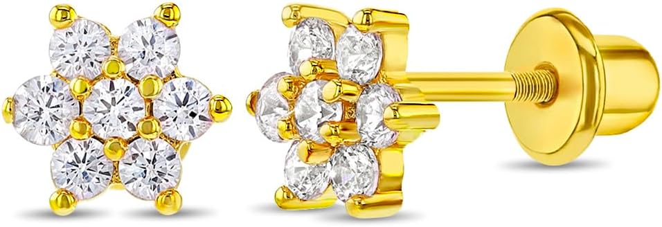 Gold Plated CZ Flower Kids Earrings - Earrings for Girls with Safety Screw Back Locking - Safe & Comfortable for Toddlers, Kids & Little Girls
