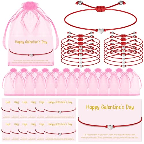 Tondiamo 12 Set Happy Galentines Day Bracelets Gift Bulk for Women Valentines Party Favors BFF Bracelets Galentines Card with Bags Valentines Supplies for Sister Friend Bestie(Red and Silver Heart)