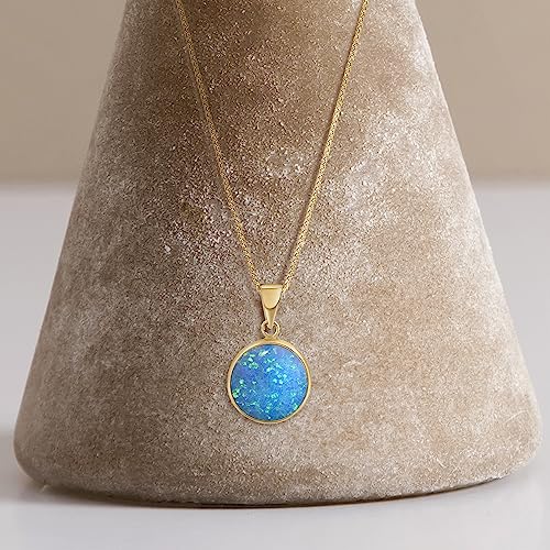 14K Gold Blue Opal Necklace - 14K Solid Yellow Gold Dainty Pendant With October Birthstone, Simple 12Mm Large Size Round Opal Gemstone - Delicate Handmade Jewelry For Classy Women #TOP3