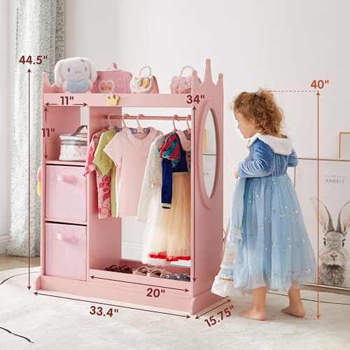 image for GTOLV Kids Dress Up Storage with Mirror, 2 Bins & Cloth Hanger, Kids P