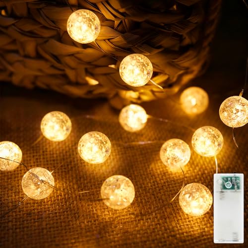 Guirnalda luminosa con bolas de cristal, 2m, 20 LED, bolas de cristal, funciona con pilas, con temporizador, guirnalda luminosa con bolas Crackle para interior, ideal para Navidad, bodas, dormitorios