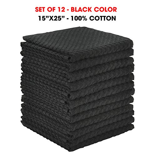 Talvania Kitchen Dish Towels Black, 100% Cotton Dish Cloths Dobby Weave, 12 Pack Soft and Absorbent Multipurpose Terry Towel Set, Hand Towel and All Kitchen Cleaning 15” X 25” Machine Washable Black - Thumbnail 2