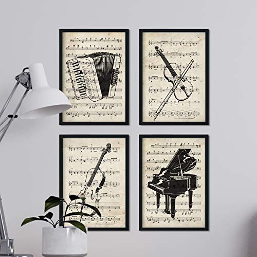 Nacnic   4 Posters Vintage Partituras Musicales   Láminas Decorativas con Impresión Música Clásica   Acordeon, Violin, Chelo y Piano   Arte de Pared