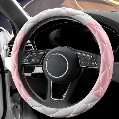 Image of YOGURTCK Cute Diamond Soft Leather Steering Wheel Cover with Bling Bling Crystal Rhinestones, Universal 15 Inch for Women Girls, Fit Vehicles, Sedans, SUVs, Vans, Trucks - Light Pink and White