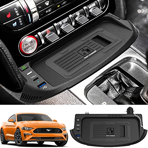 Cargador Inalámbrico Coche para Ford Mustang 2022 2021 2020 2019 2018 2017 2016 2015, 15W Qi Carga Rápida Auto Teléfono Cargador con Puerto USB QC3.0 para iPhone 12/13/13 Pro Galaxy S22/S21