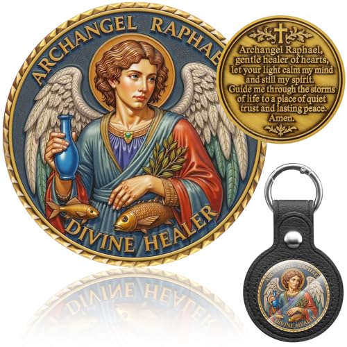 Zorleniva St Raphael Archangel Challenge Coin 3D Engraved Saint Raphael Archangel Medal Keychain with Leather Coin Holder (Antique Gold)