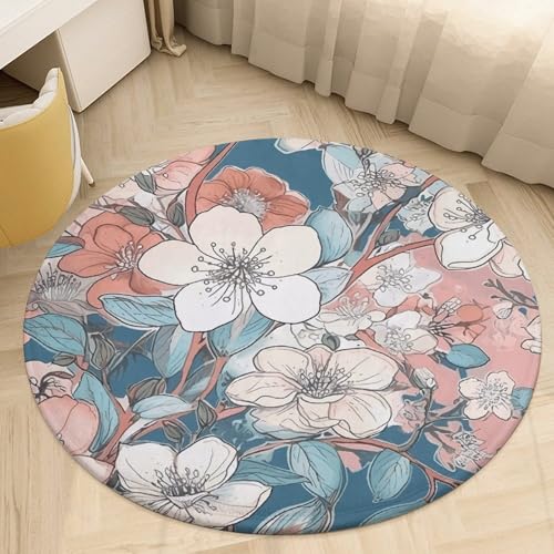 Peach Leafed Flower Round Rug 60 * 60cm Washable Area Rugs Indoor Circle Door Mat Soft Non-Slip Carpet for Living Room Bedroom Dining Room Playroom Entryway Home Office